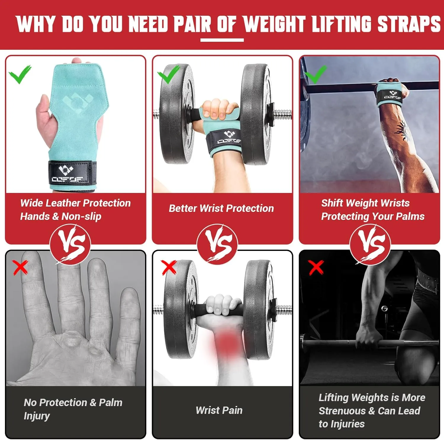 Weight Lifting Wrist Strap, Double Layer Leather Wrist Strap for Deadlift and Powerlifting, Adjustable Neoprene Padded Gym Workout Lifting Hooks (Pair)