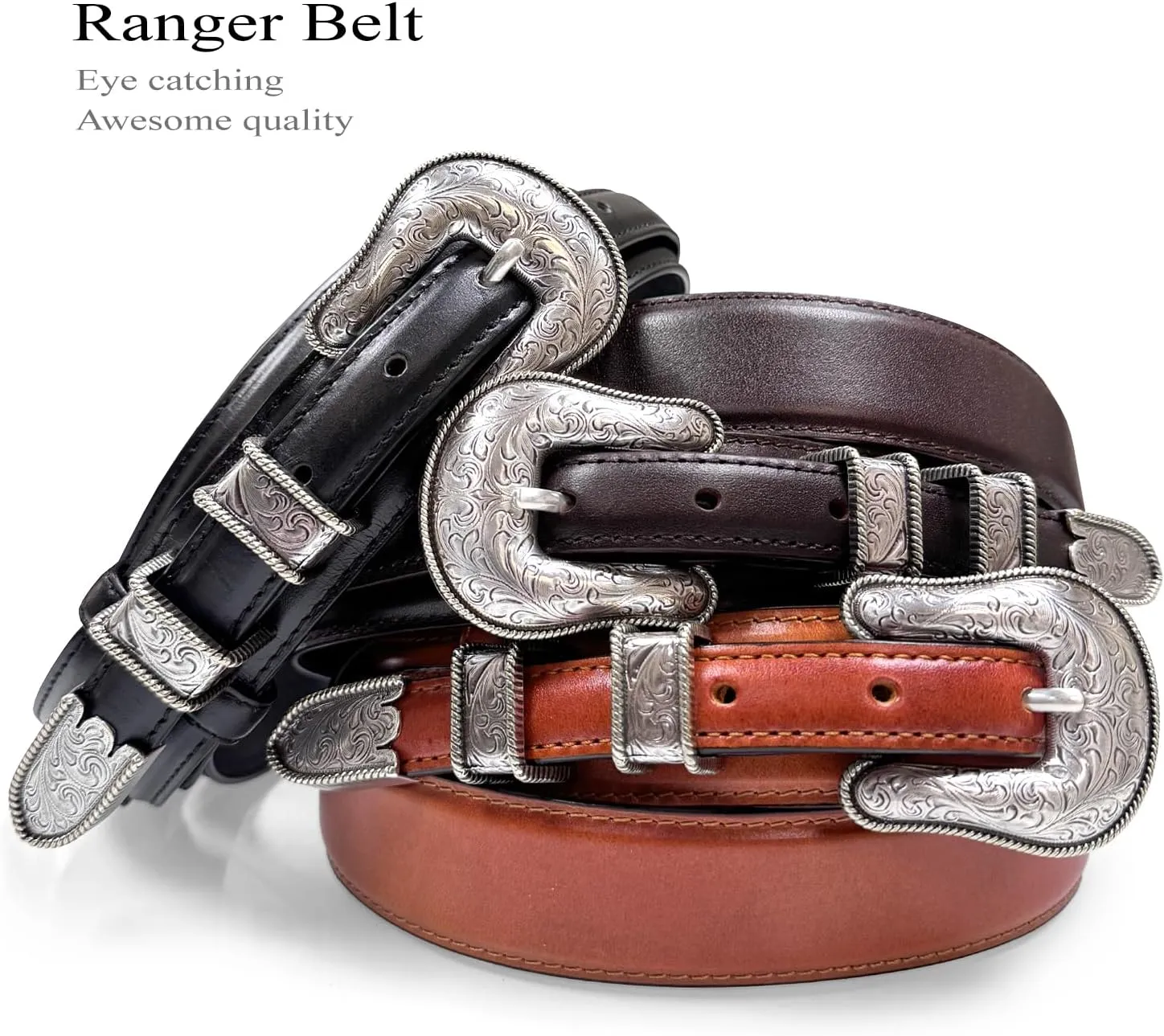 Western Buckle Belt Oil Tanned Genuine Leather Ranger Belt 1-3/8"(35mm) Taper to 3/4"(19mm) Wide-Multiple choices