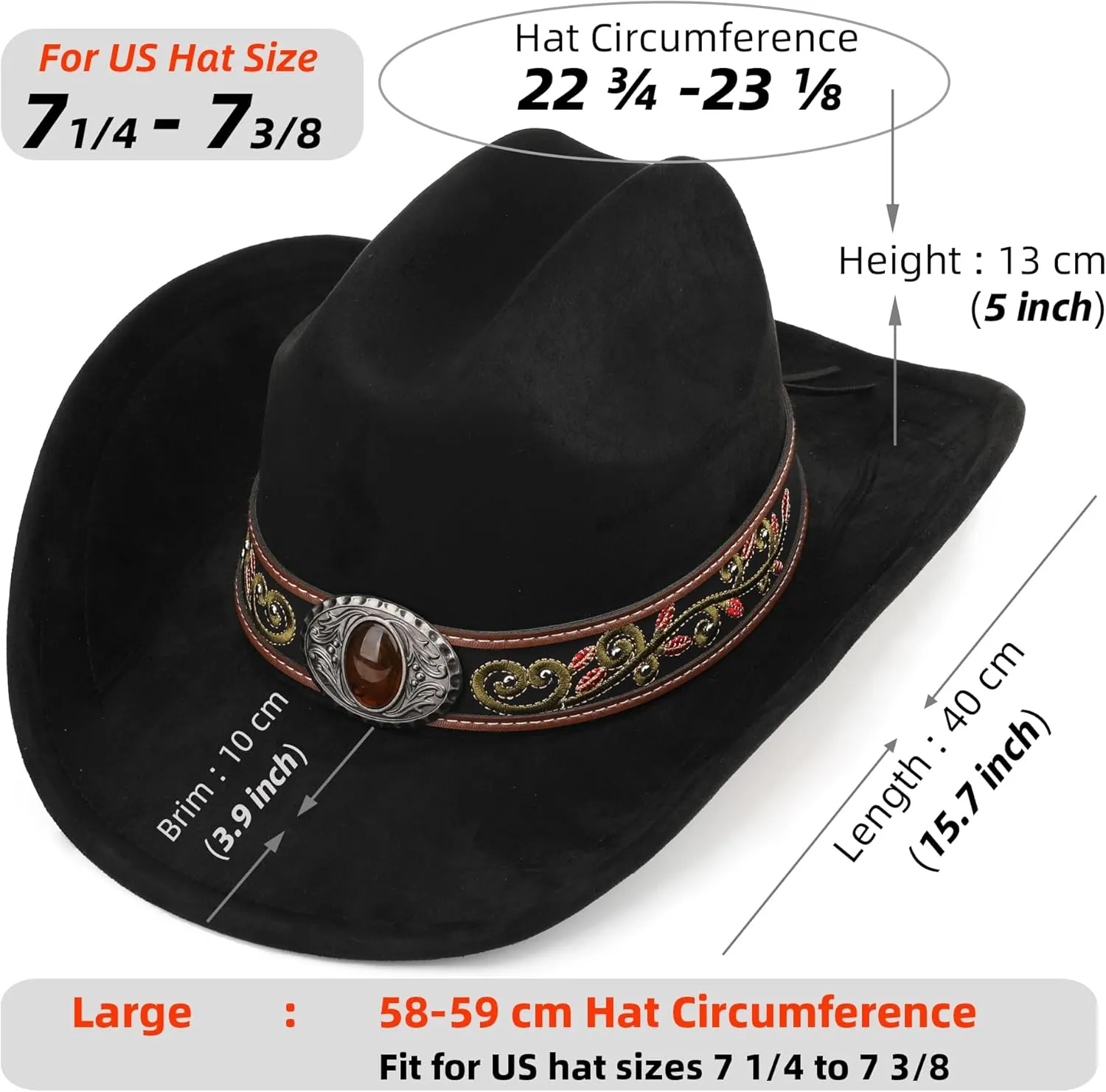 Western Cowboy Hat for Men and Women, Shapeable Big Wide Brim Cowgirl Hat with Embroidery