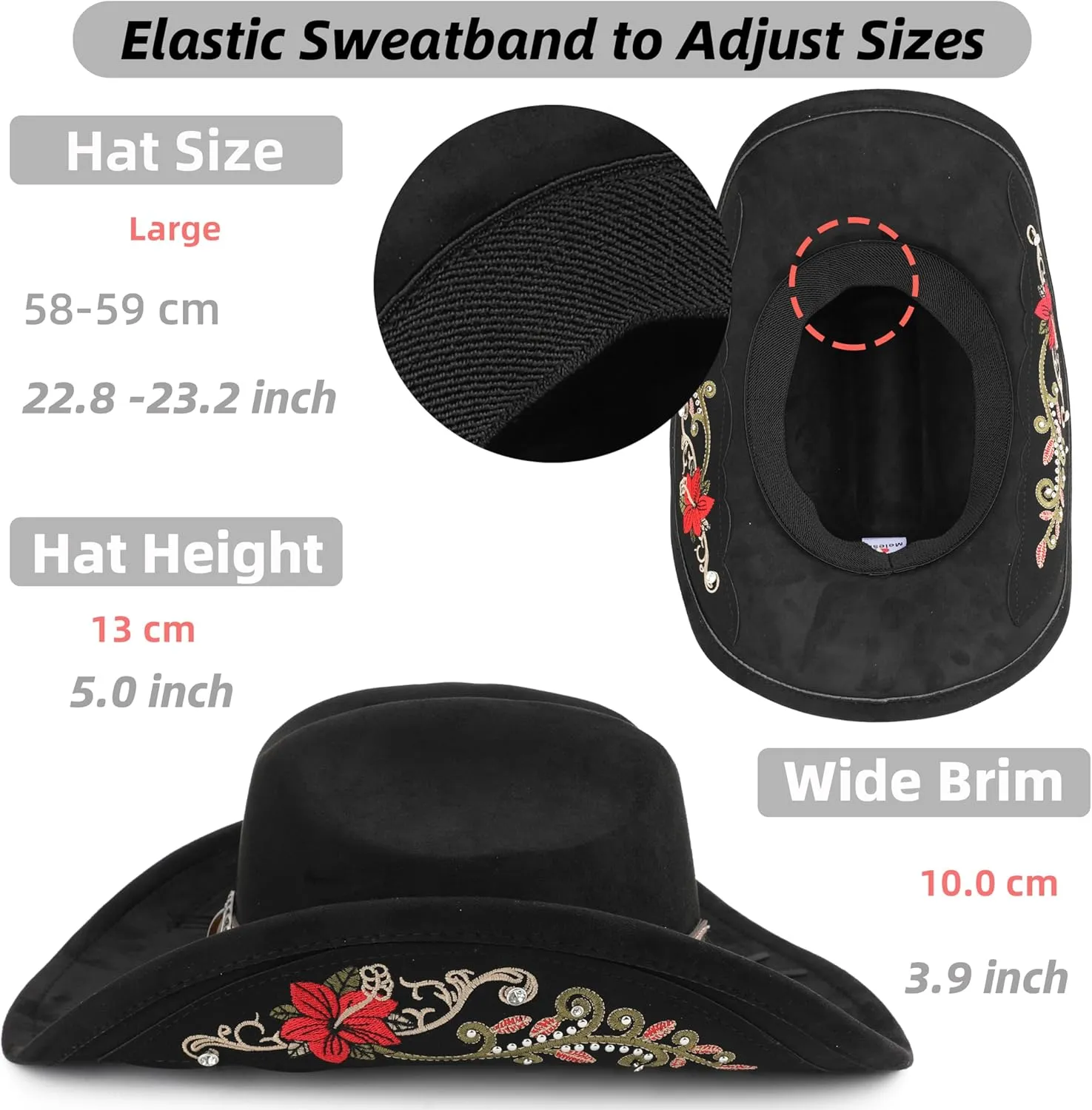 Western Cowboy Hat for Men and Women, Shapeable Big Wide Brim Cowgirl Hat with Embroidery