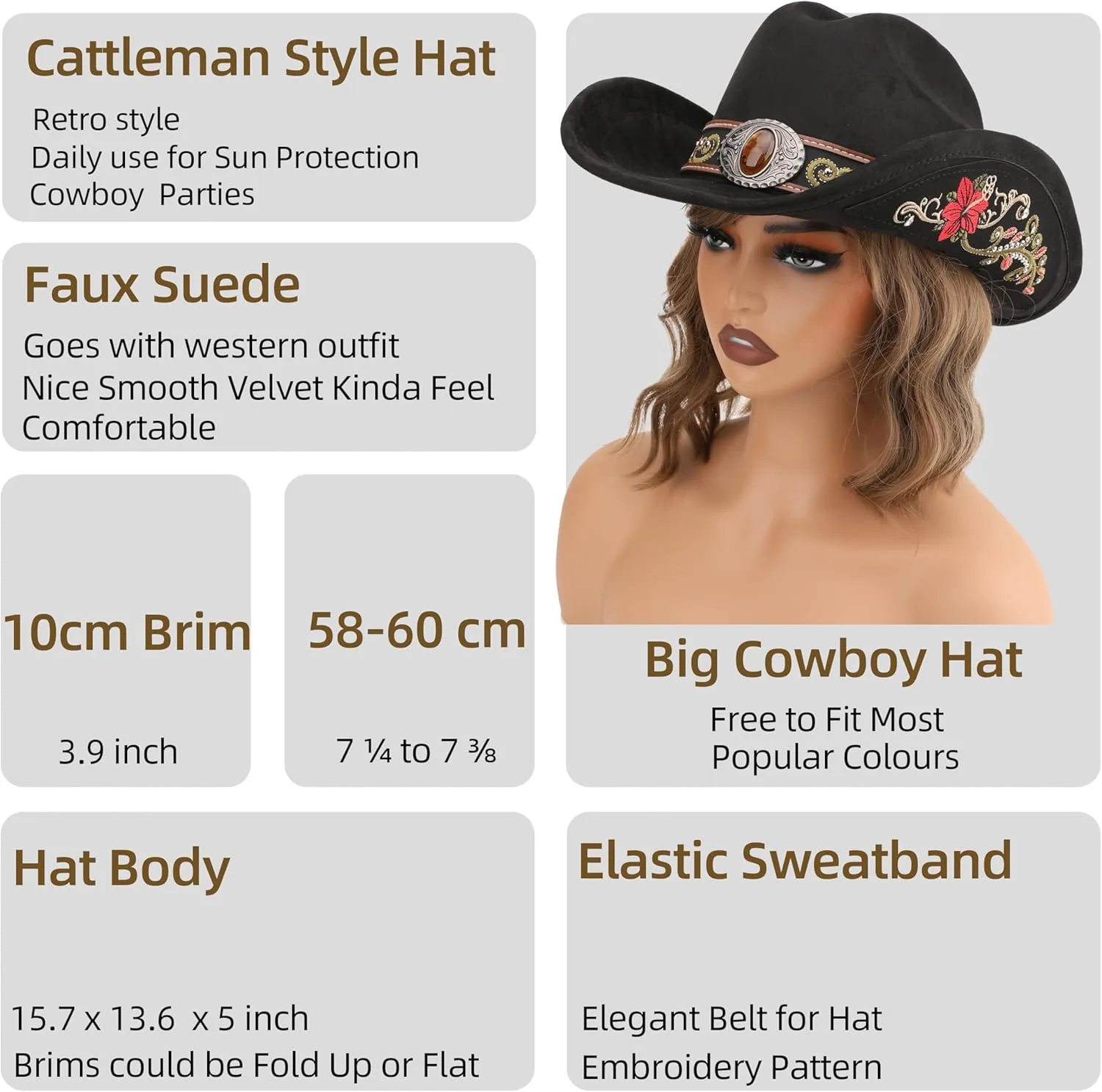 Western Cowboy Hat for Men and Women, Shapeable Big Wide Brim Cowgirl Hat with Embroidery