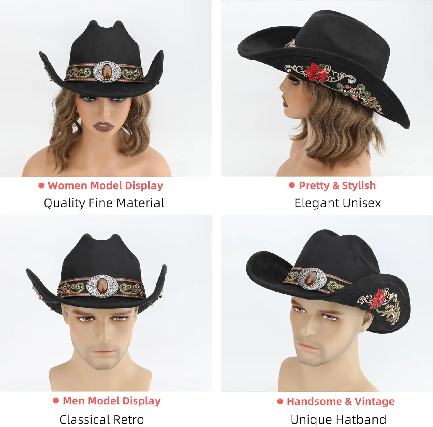Western Cowboy Hat for Men and Women, Shapeable Big Wide Brim Cowgirl Hat with Embroidery