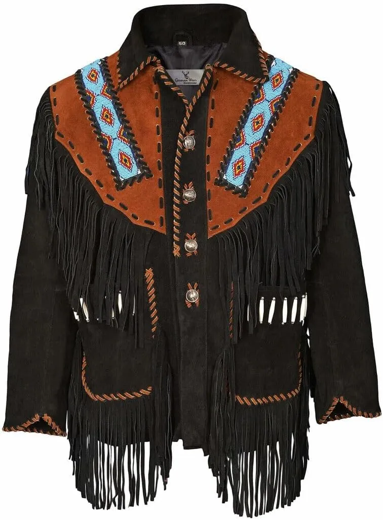 Western Cowboy Suede Leather Jacket Men Native American Fringed & Beads Coat Eagle Traditional Tassels Jacket