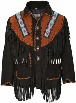 Western Cowboy Suede Leather Jacket Men Native American Fringed & Beads Coat Eagle Traditional Tassels Jacket