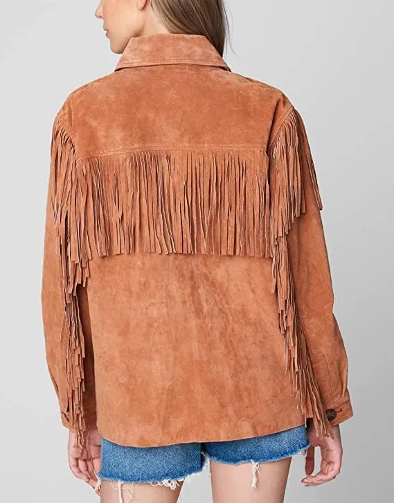 Western Genuine Leather Suede Jacket Women Cowlady Classic Native American Fringe Cowgirl Jacket Lady Tassels