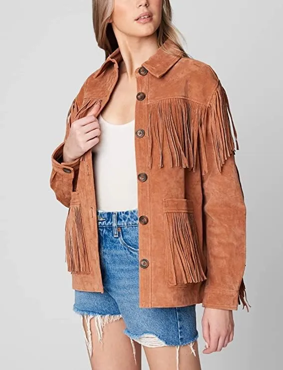 Western Genuine Leather Suede Jacket Women Cowlady Classic Native American Fringe Cowgirl Jacket Lady Tassels