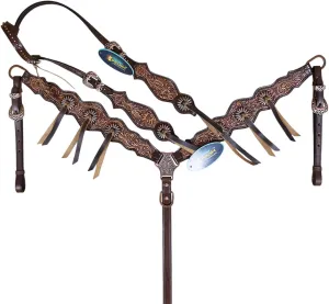 Western Leather Headstall and Breast Collar Tack Set – Flower Carving with Mushroom Slot Concho Shoes and Laces – Antique Copper Hardware – Argentina Cow Leather