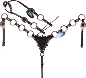 Western Ring Headstall and Breast Collar Set – Copper Rings, Black Alligator Leather Braiding & Cowhide Buck Stitching – Argentina Cow Leather, Antique Copper Hardware