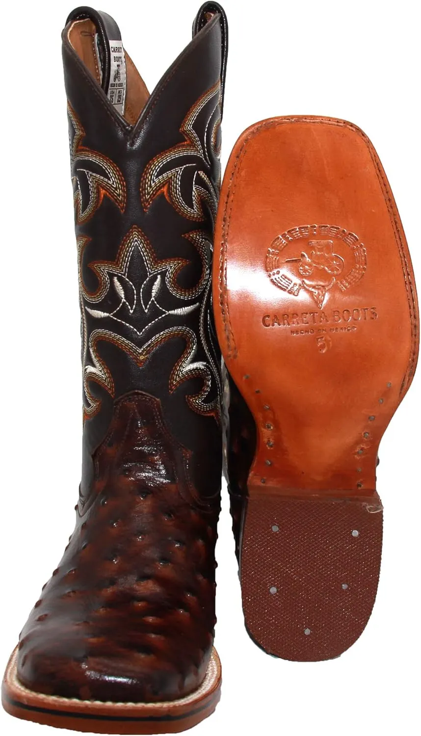Western Shops Mens Genuine Cowhide Leather Quill Ostrich Print Western Cowboy Square Toe Rodeo Boots
