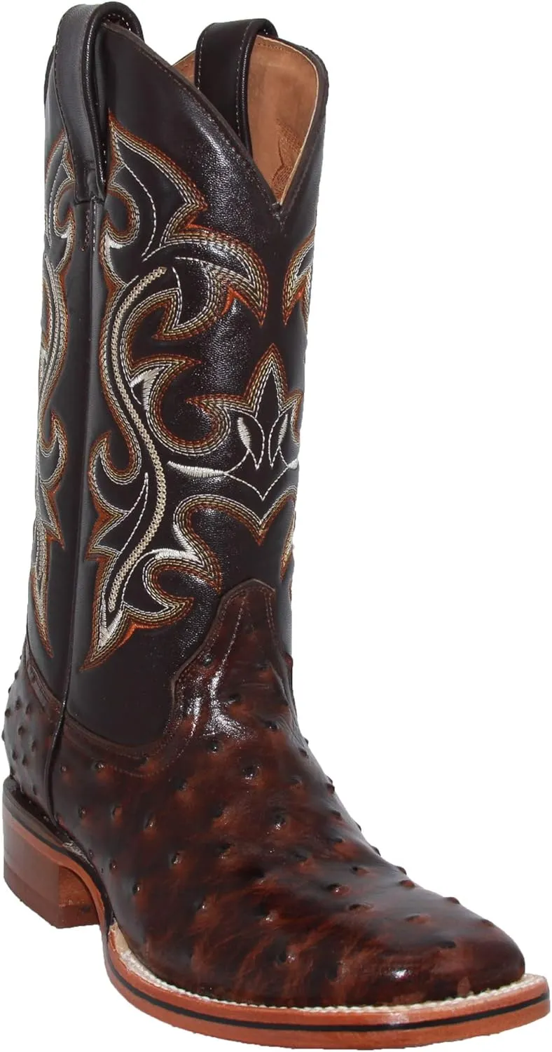 Western Shops Mens Genuine Cowhide Leather Quill Ostrich Print Western Cowboy Square Toe Rodeo Boots