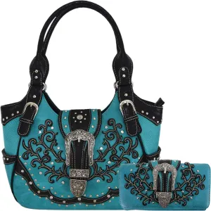 Western Style Tooled Leather Buckle Concealed Carry Purse Country Handbag Women Shoulder Bag Wallet Set