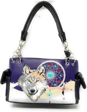 Western Wolf Dream Catcher Embroidery Feather Conceal Carry Women Handbag Purse in 5 colors