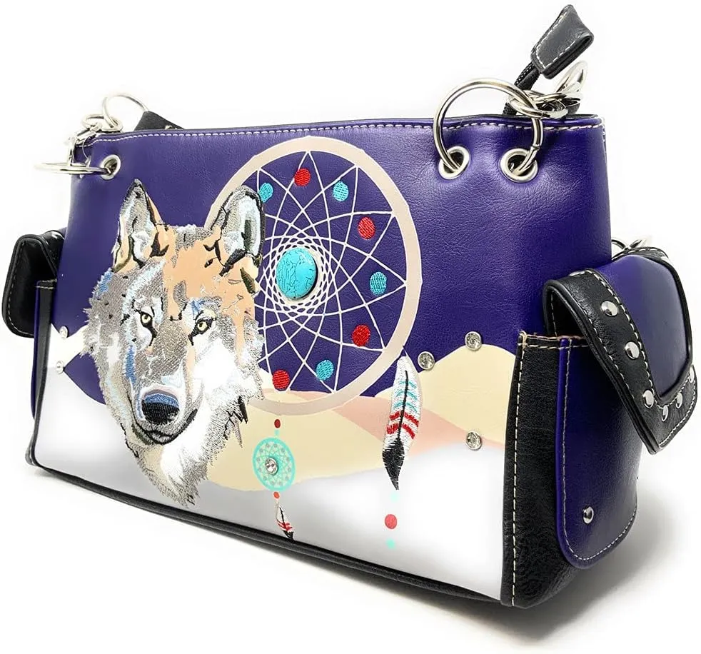 Western Wolf Dream Catcher Embroidery Feather Conceal Carry Women Handbag Purse in 5 colors