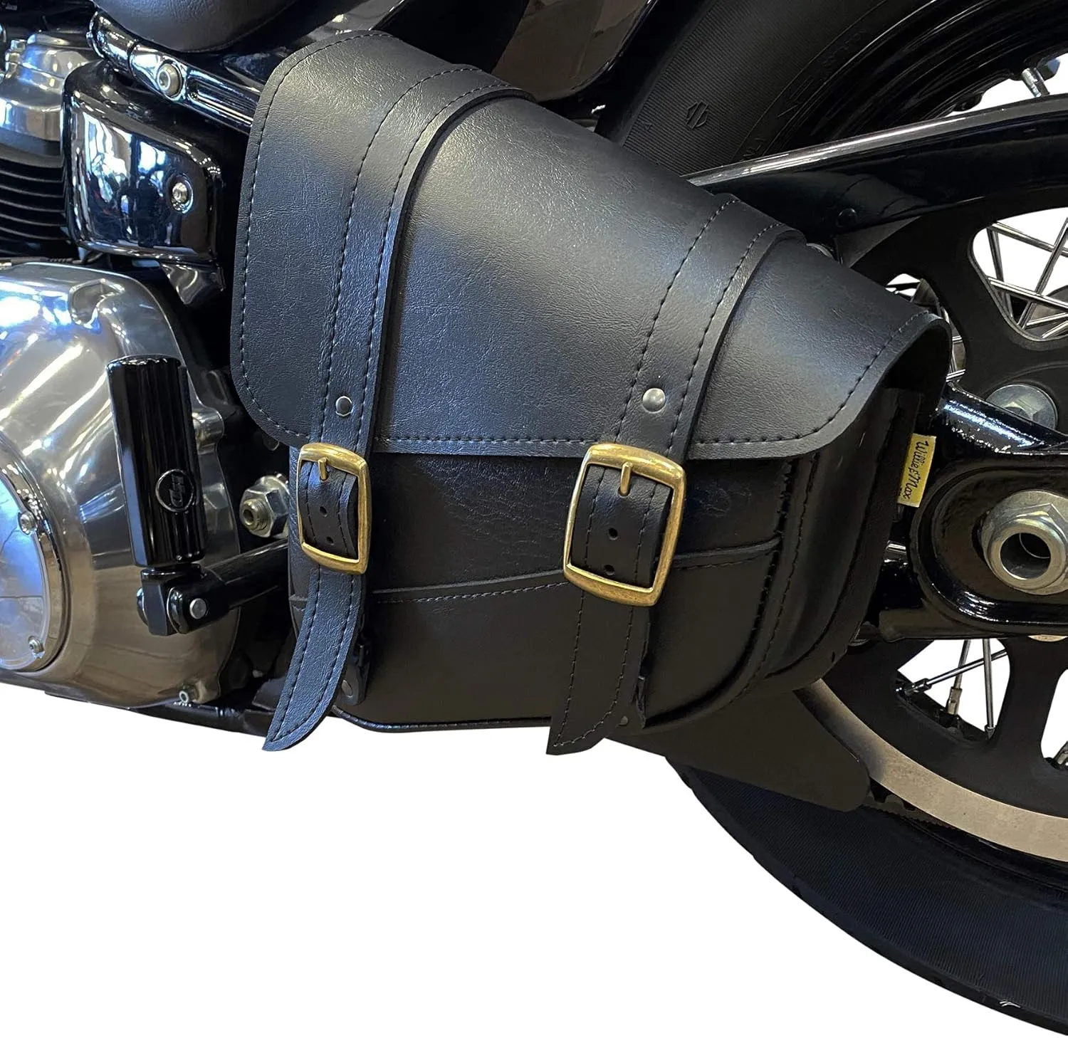 Willie & Max Black Synthetic Leather Brass Monkey Motorcycle Swingarm Bag for Softail/Triangulated Swingarm Models - Brass Buckles - Made in USA [59776-08]