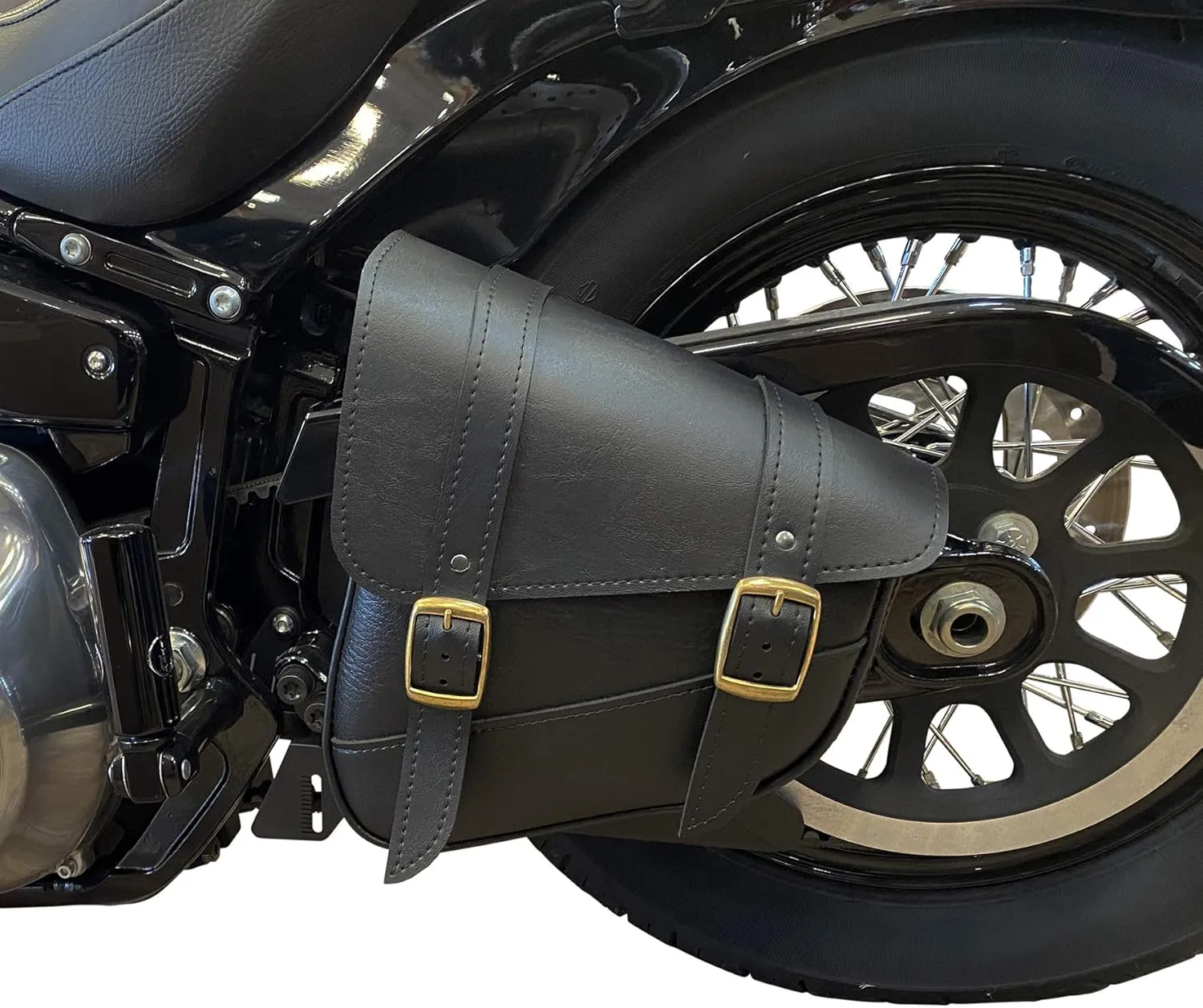Willie & Max Black Synthetic Leather Brass Monkey Motorcycle Swingarm Bag for Softail/Triangulated Swingarm Models - Brass Buckles - Made in USA [59776-08]