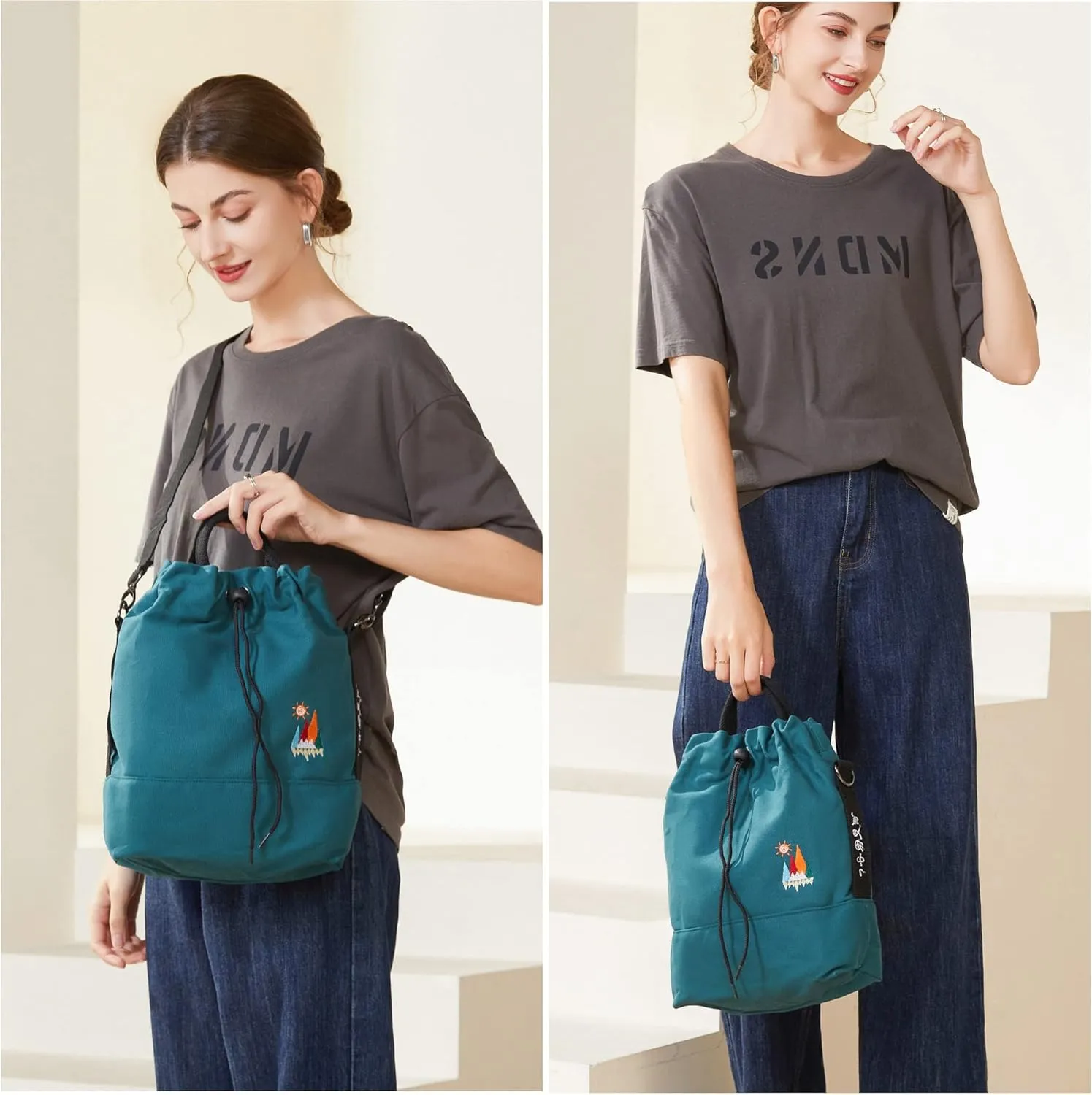Women Canvas Tote Handbags Casual Shoulder Work Bag Crossbody Bag with Sunshine Embroidery