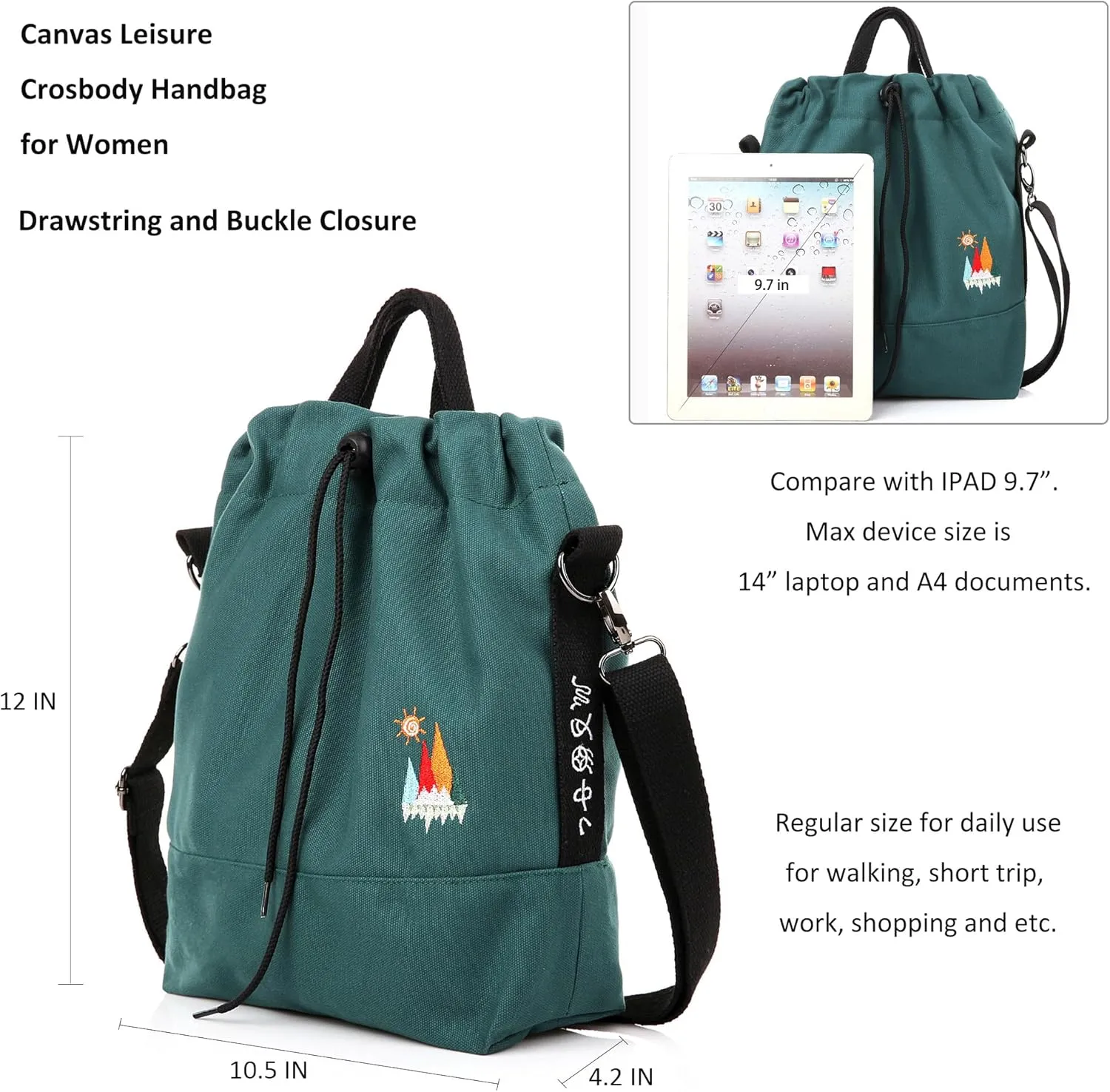 Women Canvas Tote Handbags Casual Shoulder Work Bag Crossbody Bag with Sunshine Embroidery