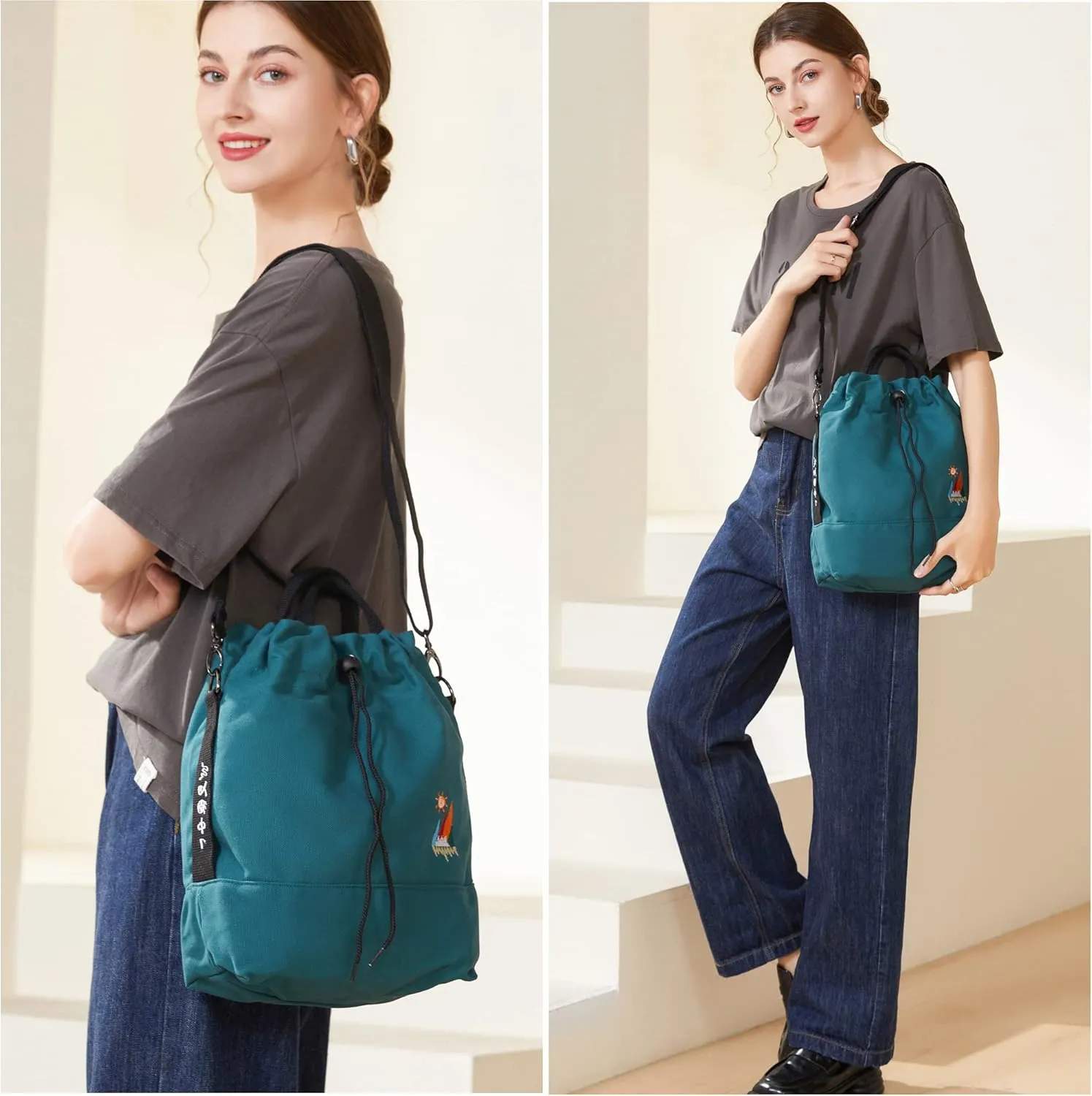 Women Canvas Tote Handbags Casual Shoulder Work Bag Crossbody Bag with Sunshine Embroidery
