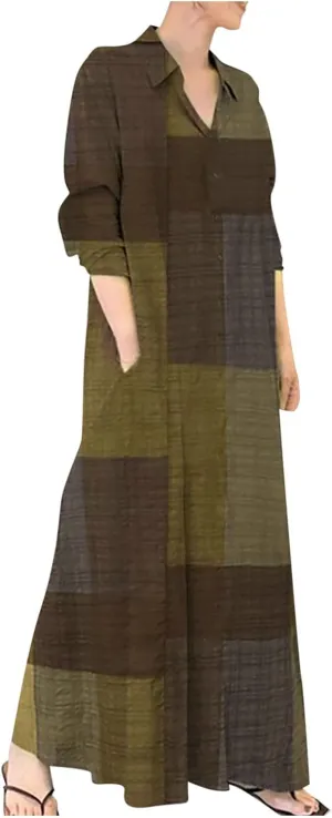 Women Cotton Linen Dress Plus Size Summer Shirt Dress Casual Loose Color Block Long Dress with Pockets Fall Long Dress