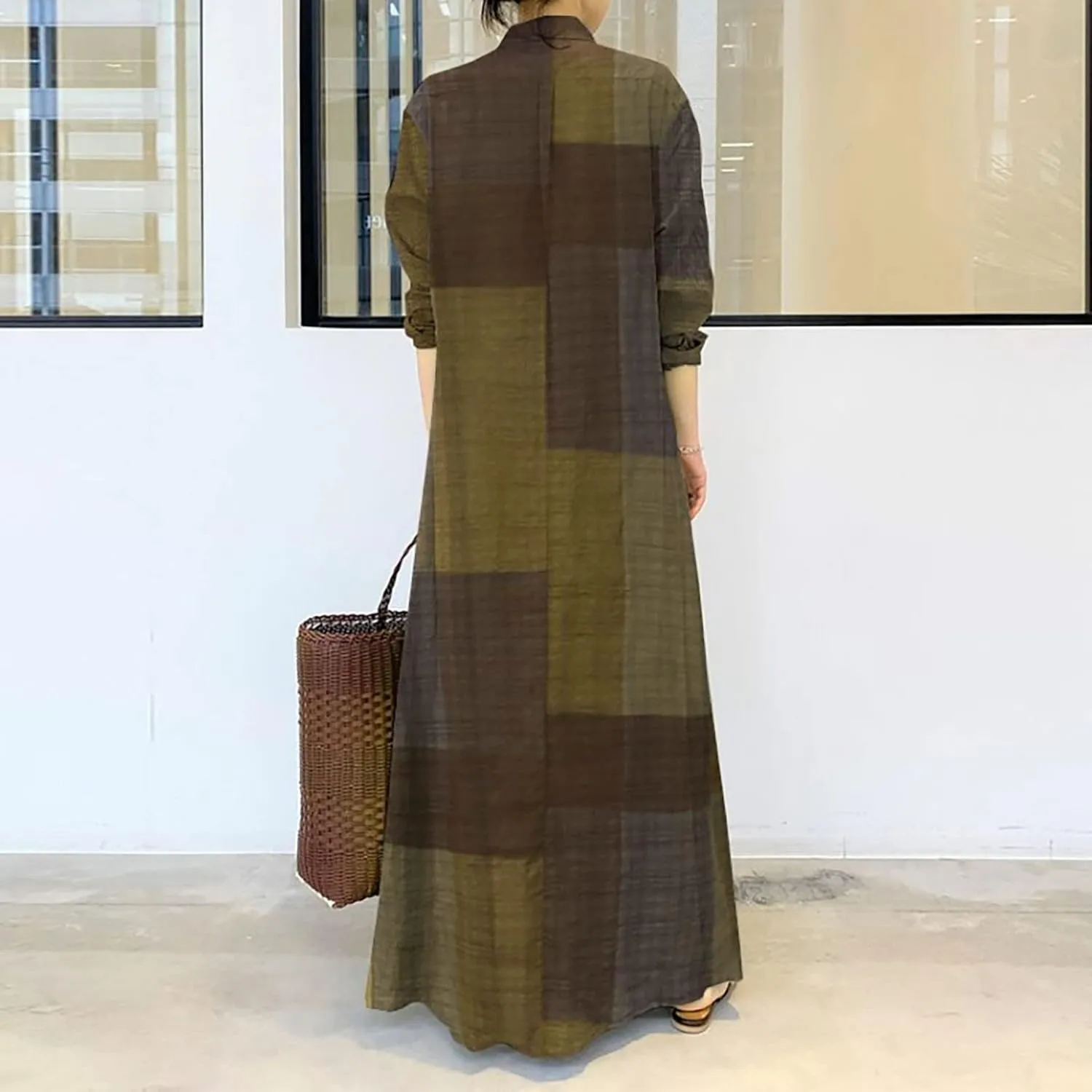 Women Cotton Linen Dress Plus Size Summer Shirt Dress Casual Loose Color Block Long Dress with Pockets Fall Long Dress