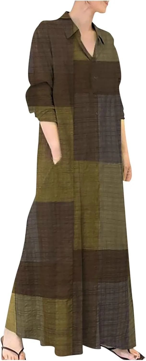 Women Cotton Linen Dress Plus Size Summer Shirt Dress Casual Loose Color Block Long Dress with Pockets Fall Long Dress