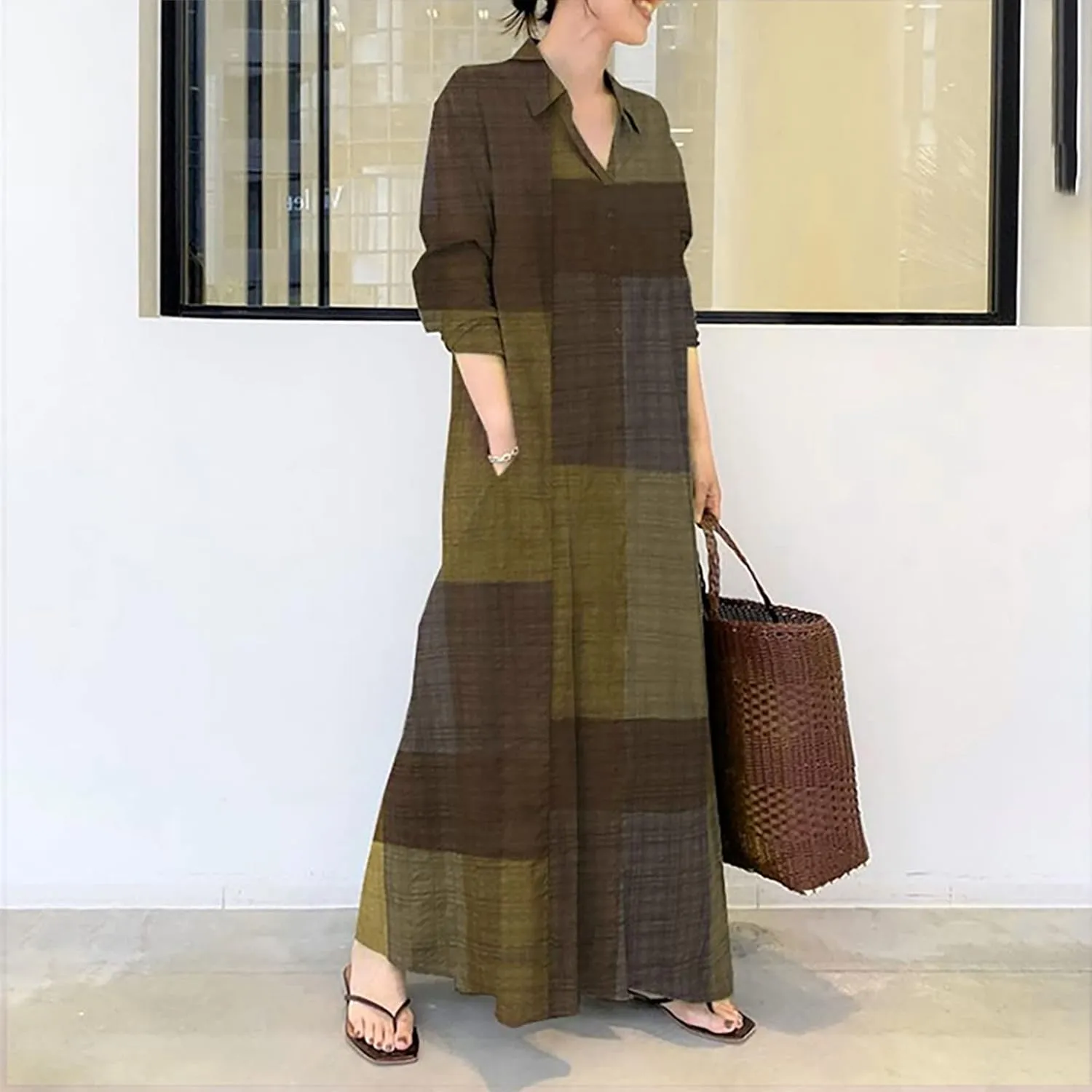 Women Cotton Linen Dress Plus Size Summer Shirt Dress Casual Loose Color Block Long Dress with Pockets Fall Long Dress
