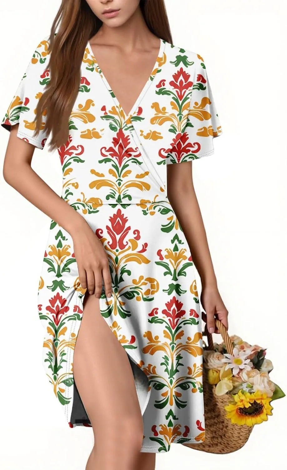 Women Dresses Short Sleeve A-Line Dresses Elegant V-Neck Vintage Sundress Floral Casual 2025 Summer Midi Dress