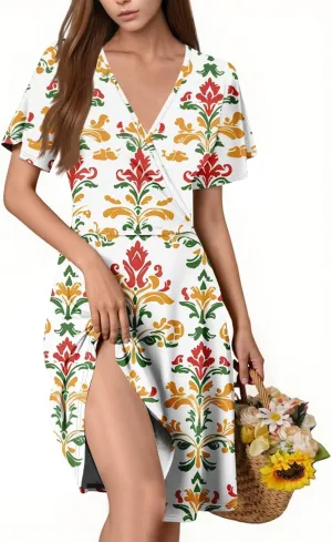 Women Dresses Short Sleeve A-Line Dresses Elegant V-Neck Vintage Sundress Floral Casual 2025 Summer Midi Dress