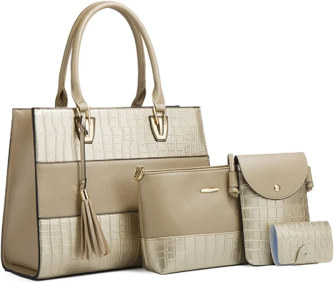 Women Fashion Handbags PU Leather Tote Bag Shoulder Bag Top Handle Satchel Purse Set 4pcs(Black)