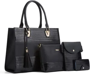 Women Fashion Handbags PU Leather Tote Bag Shoulder Bag Top Handle Satchel Purse Set 4pcs(Black)
