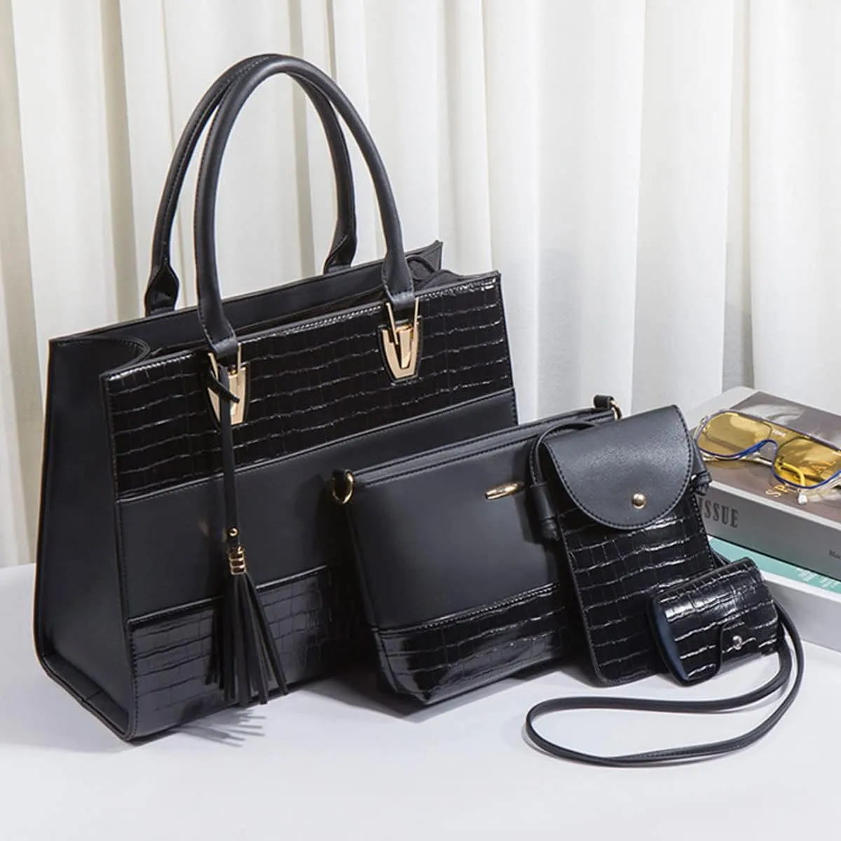 Women Fashion Handbags PU Leather Tote Bag Shoulder Bag Top Handle Satchel Purse Set 4pcs(Black)