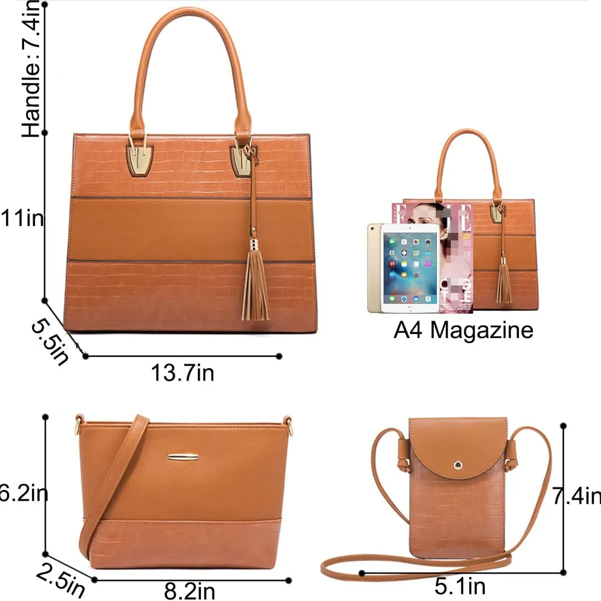 Women Fashion Handbags PU Leather Tote Bag Shoulder Bag Top Handle Satchel Purse Set 4pcs(Black)