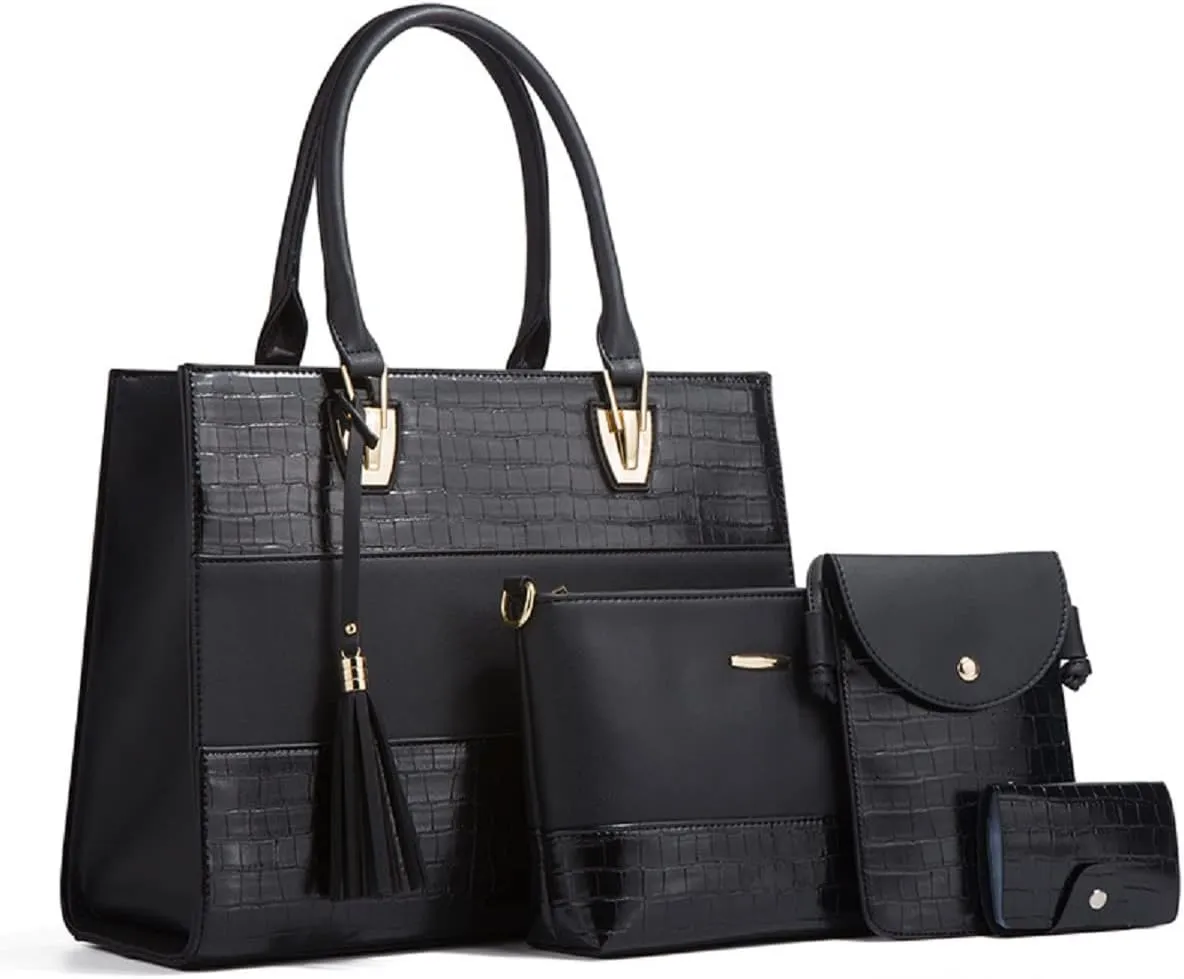 Women Fashion Handbags PU Leather Tote Bag Shoulder Bag Top Handle Satchel Purse Set 4pcs(Black)