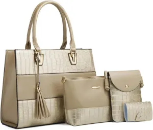 Women Fashion Handbags PU Leather Tote Bag Shoulder Bag Top Handle Satchel Purse Set 4pcs(Black)