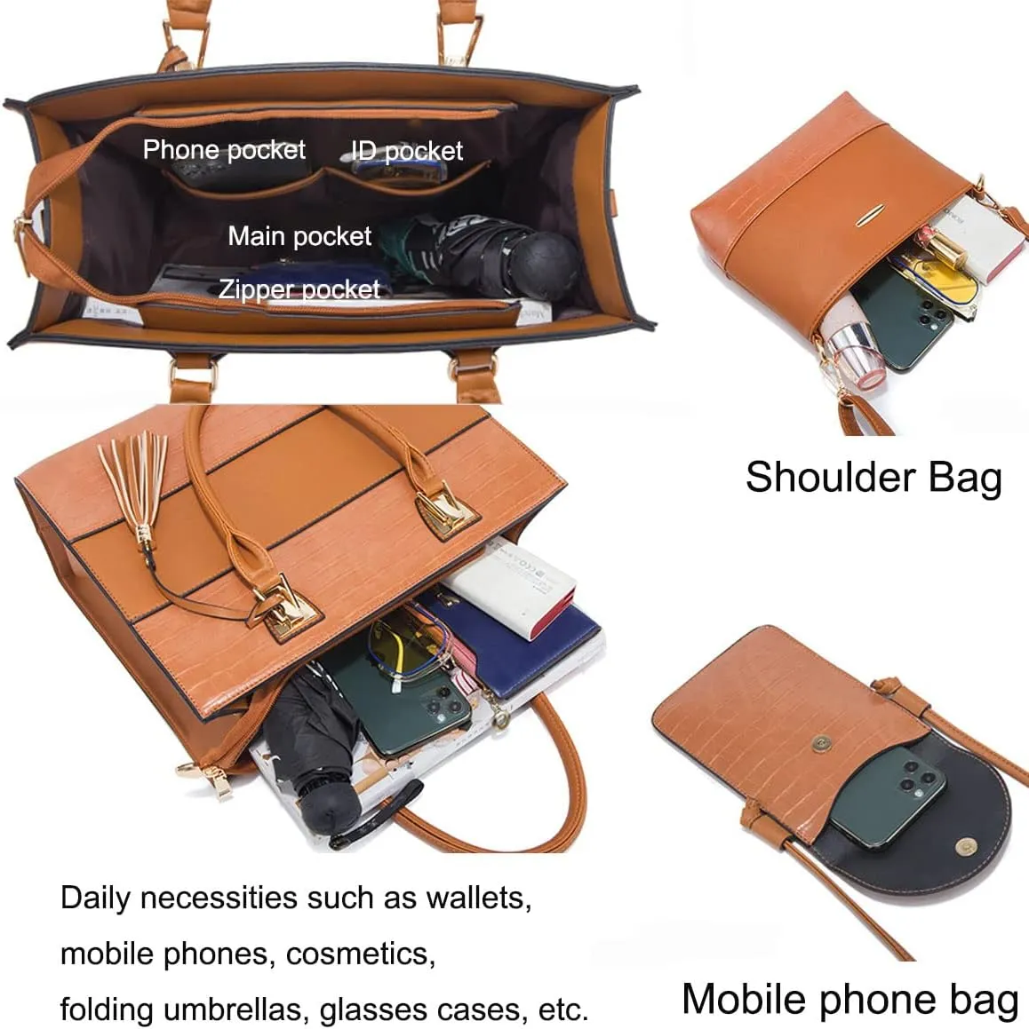 Women Fashion Handbags PU Leather Tote Bag Shoulder Bag Top Handle Satchel Purse Set 4pcs(Black)
