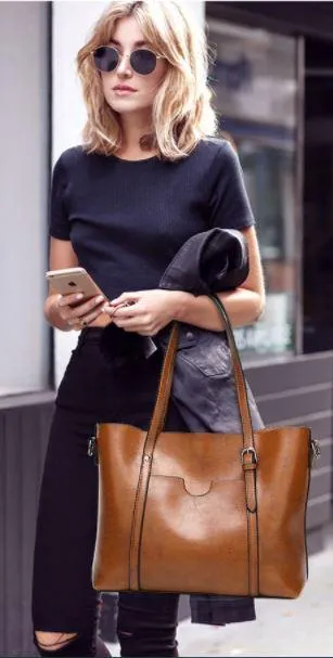 Women Genuine Leather Top Handle Satchel Daily Work Tote Shoulder Bag Large Capacity