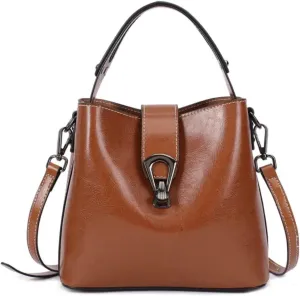Women Genuine Real Leather Bucket Hobo Handbag, Vintage Fashion Top handle Satchel Crossbody Bag w/ 2 Straps