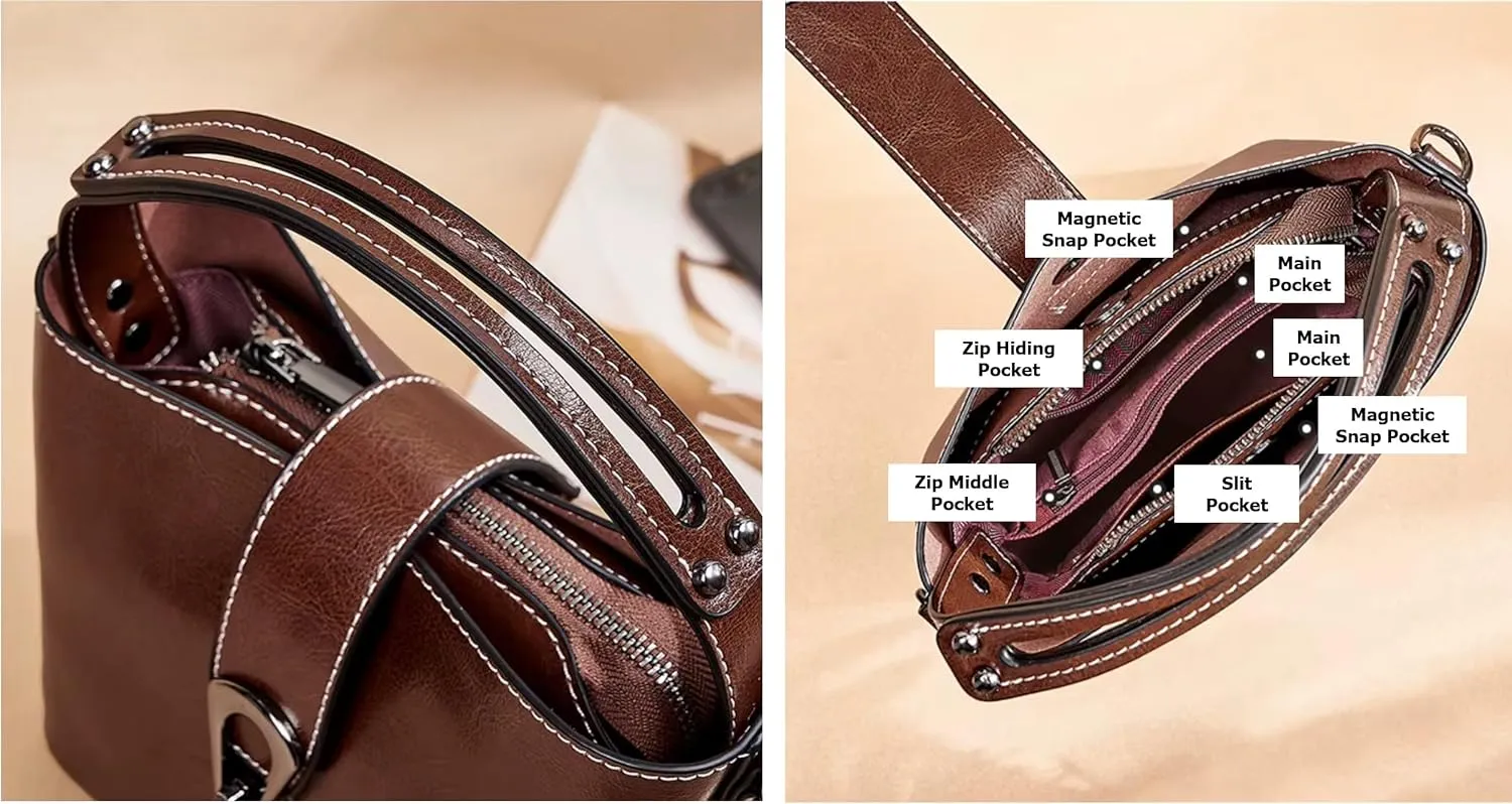 Women Genuine Real Leather Bucket Hobo Handbag, Vintage Fashion Top handle Satchel Crossbody Bag w/ 2 Straps