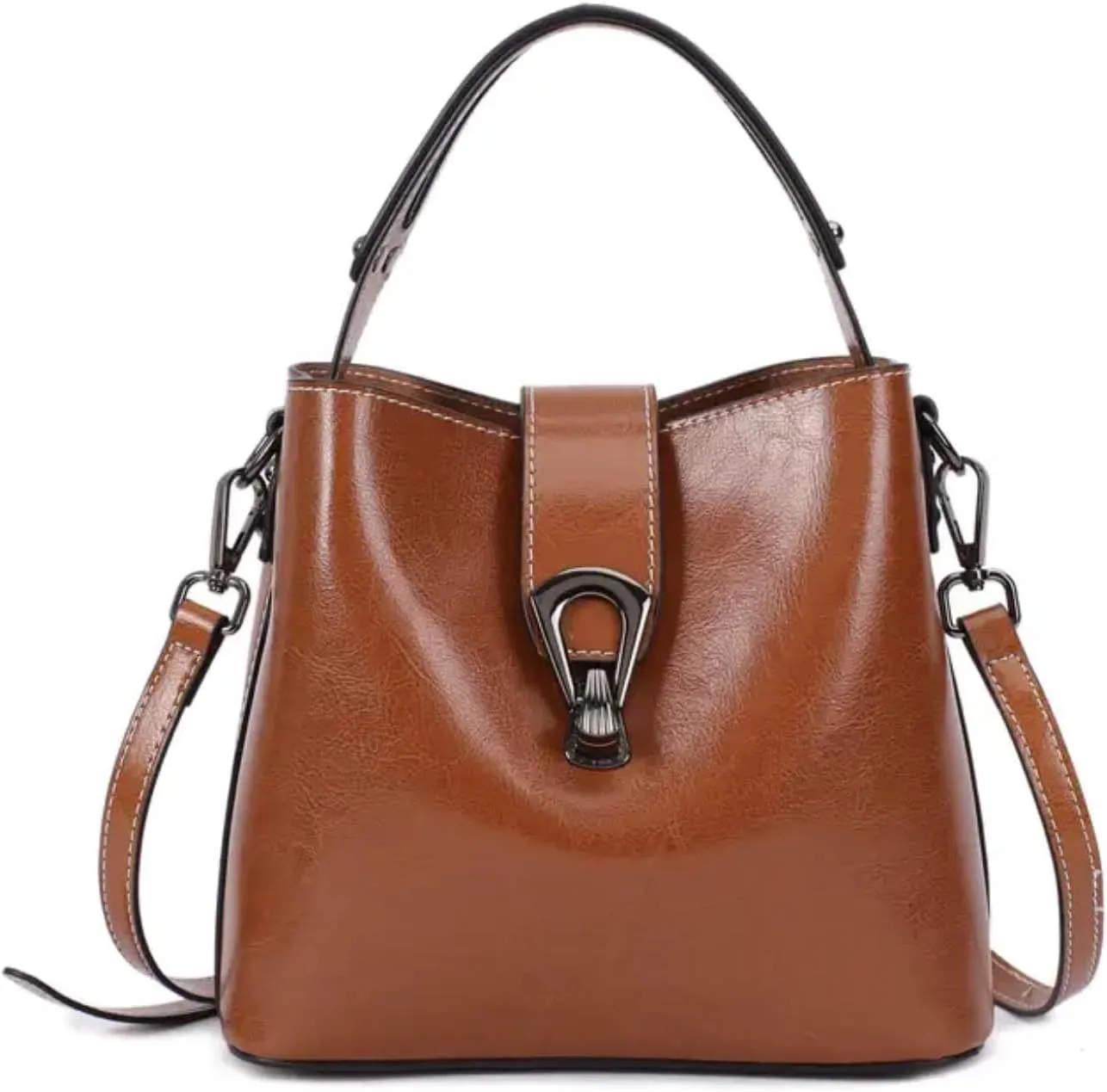Women Genuine Real Leather Bucket Hobo Handbag, Vintage Fashion Top handle Satchel Crossbody Bag w/ 2 Straps