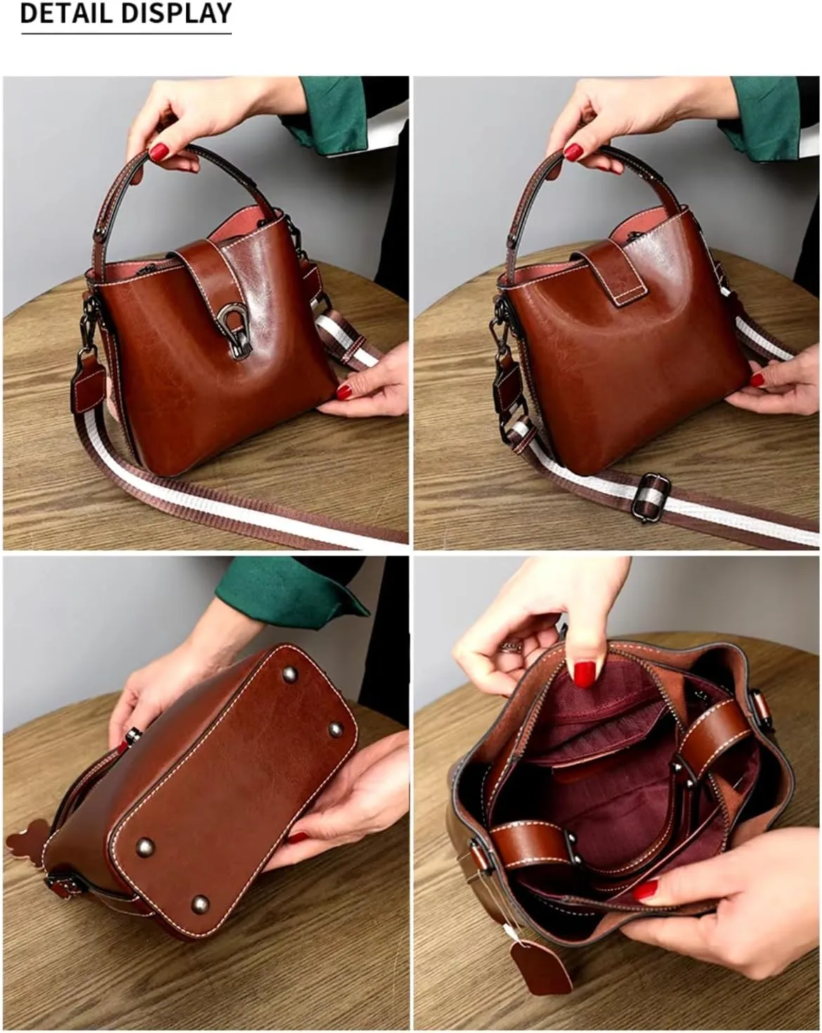 Women Genuine Real Leather Bucket Hobo Handbag, Vintage Fashion Top handle Satchel Crossbody Bag w/ 2 Straps