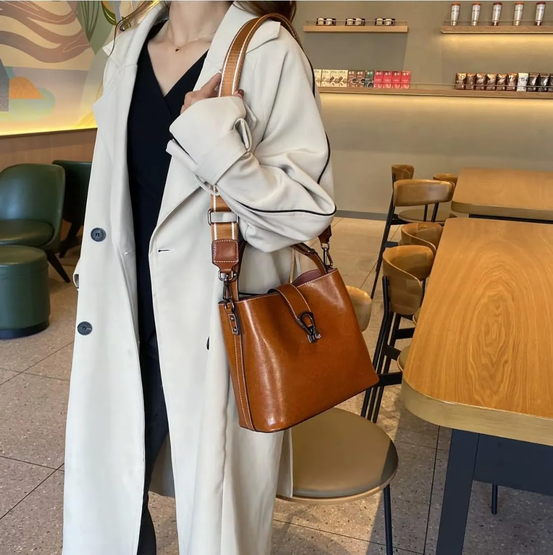 Women Genuine Real Leather Bucket Hobo Handbag, Vintage Fashion Top handle Satchel Crossbody Bag w/ 2 Straps