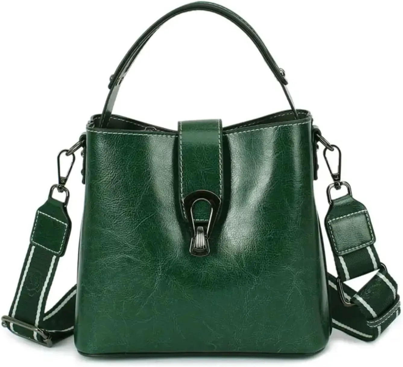 Women Genuine Real Leather Bucket Hobo Handbag, Vintage Fashion Top handle Satchel Crossbody Bag w/ 2 Straps