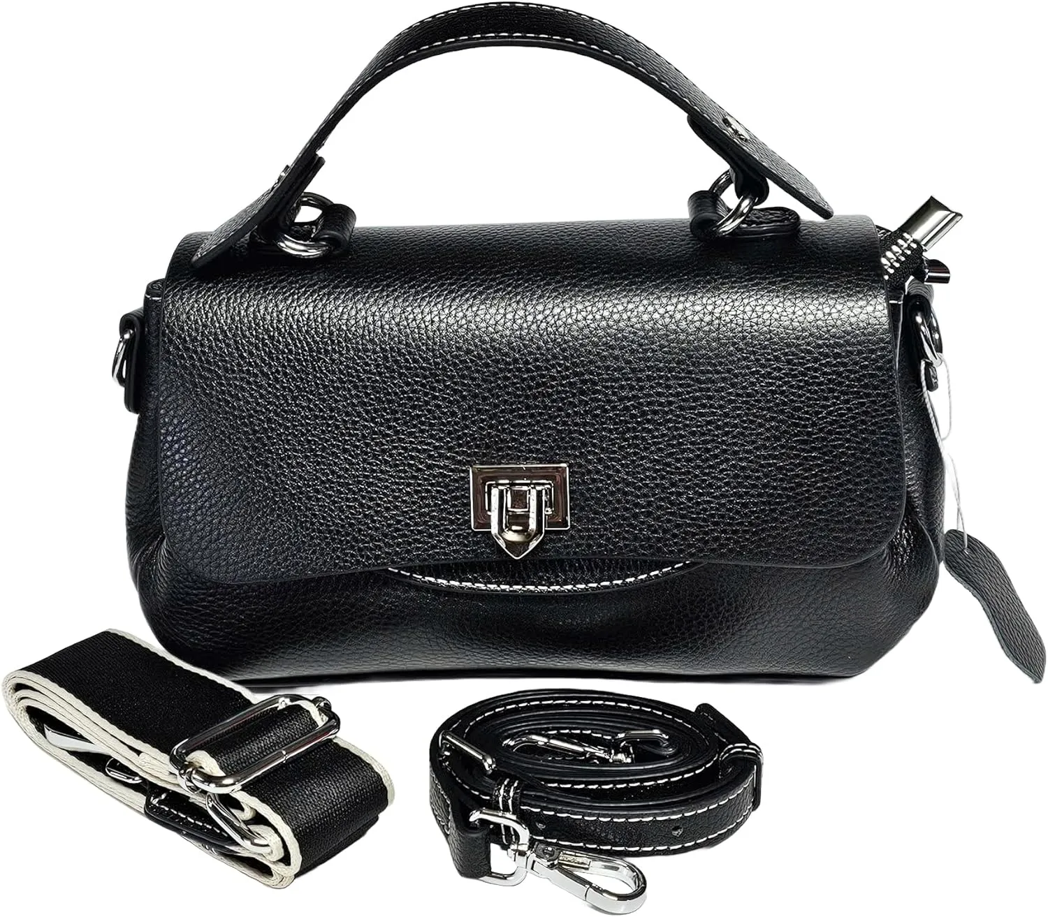 Women Genuine Top Grain Real Leather Top Handled Satchel Bag. Crossbody Bag with 2 Shoulder Straps