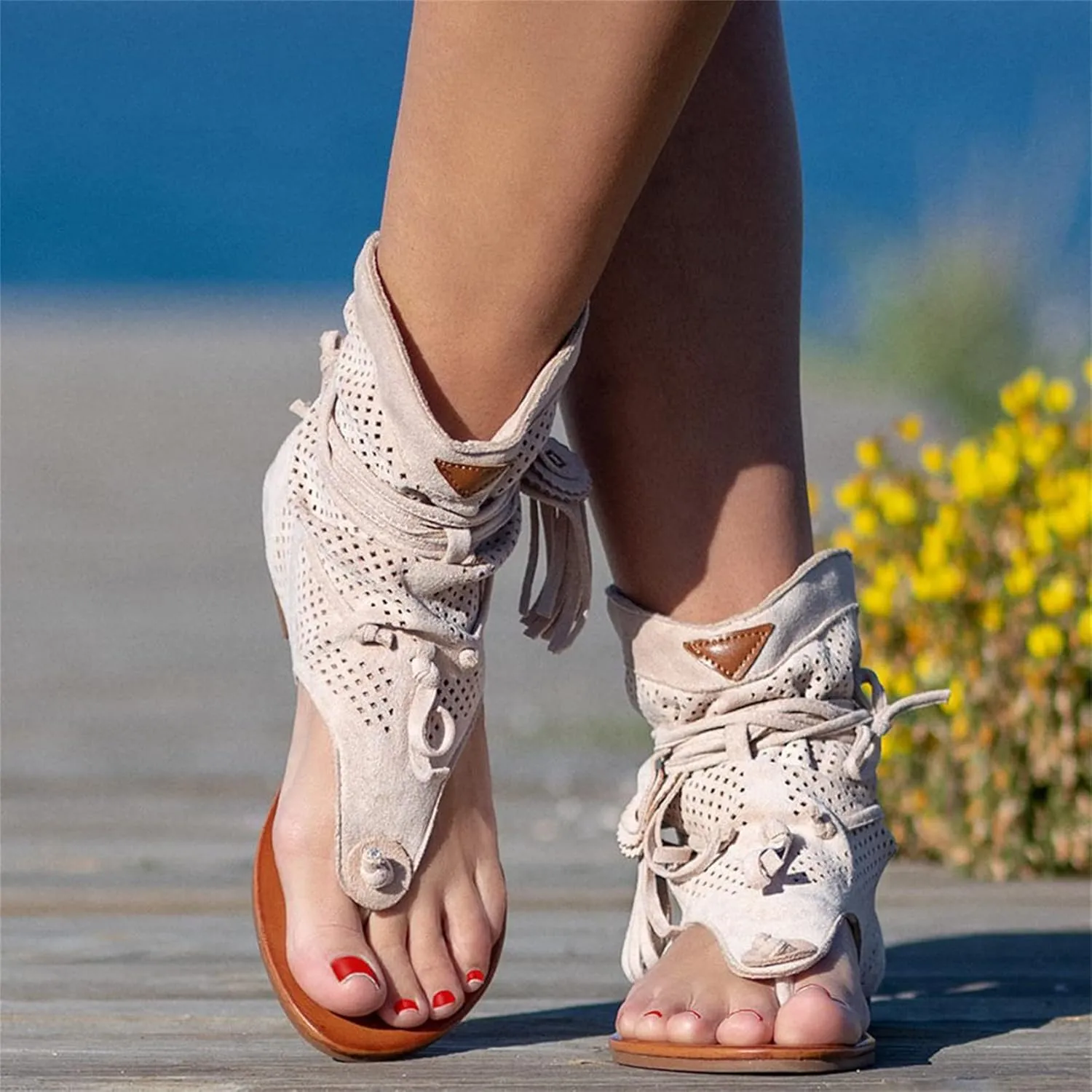 Women Gladiator Sandals Retro Bohemian Beach Roman Boots Tassel Flip Flops Wedge Sandals Dressy Open Toe Comfy Casual Summer High Heel Platform Breathable Beach Sandals,Yellow,US9/EU41