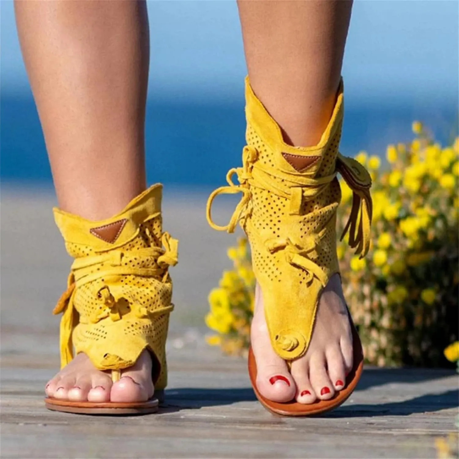 Women Gladiator Sandals Retro Bohemian Beach Roman Boots Tassel Flip Flops Wedge Sandals Dressy Open Toe Comfy Casual Summer High Heel Platform Breathable Beach Sandals,Yellow,US9/EU41