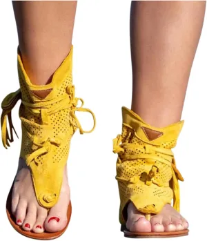 Women Gladiator Sandals Retro Bohemian Beach Roman Boots Tassel Flip Flops Wedge Sandals Dressy Open Toe Comfy Casual Summer High Heel Platform Breathable Beach Sandals,Yellow,US9/EU41