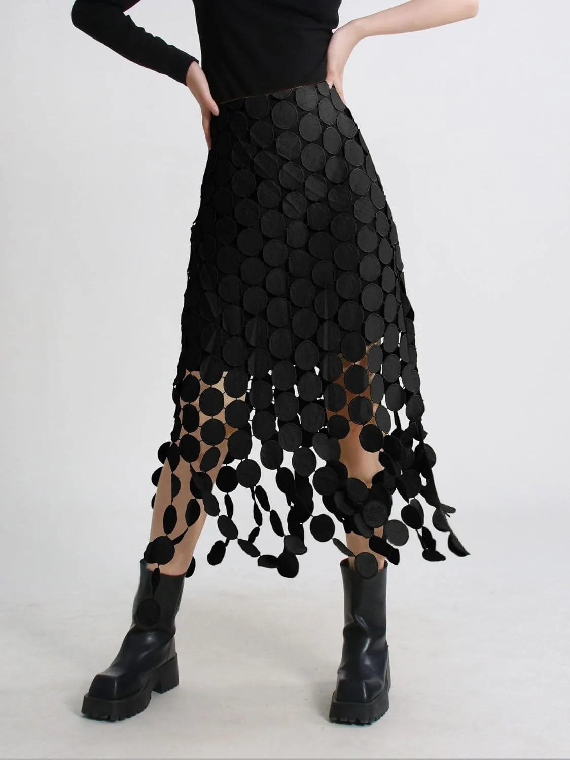 Women Hollow Out Midi Skirt High Waist Boho Fringe Hem 3D Polka Dot Mesh Skirts Graduation Dress