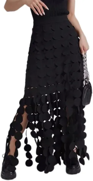 Women Hollow Out Midi Skirt High Waist Boho Fringe Hem 3D Polka Dot Mesh Skirts Graduation Dress