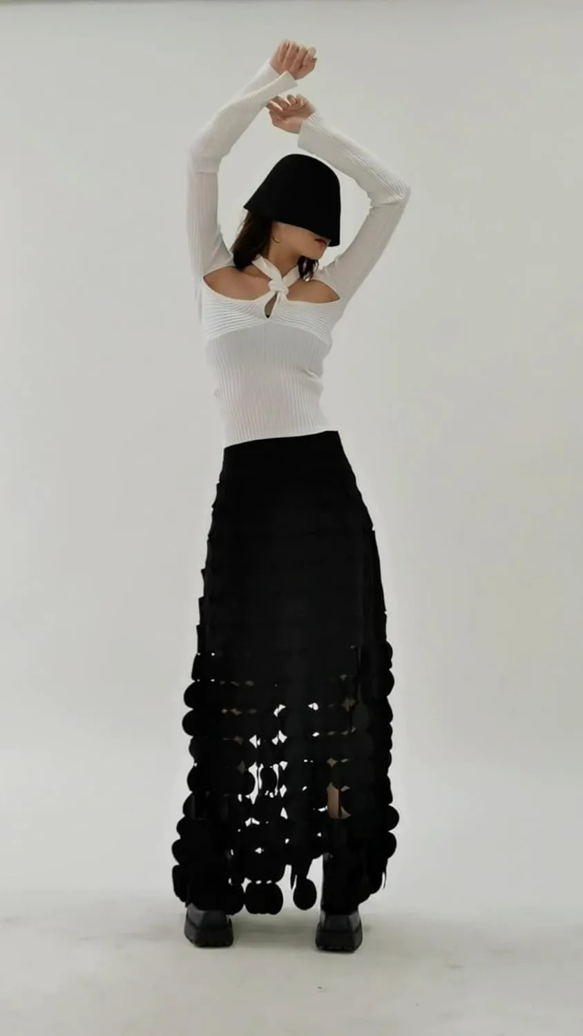 Women Hollow Out Midi Skirt High Waist Boho Fringe Hem 3D Polka Dot Mesh Skirts Graduation Dress