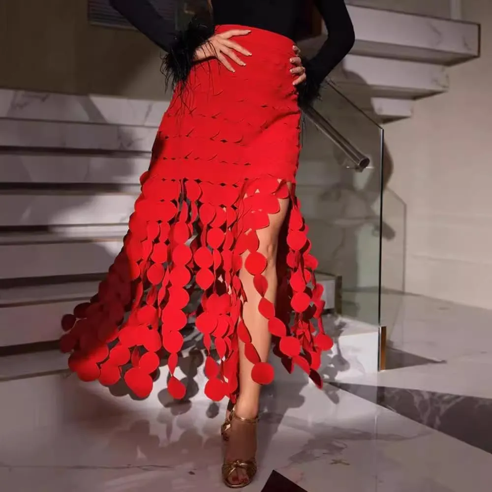 Women Hollow Out Midi Skirt High Waist Boho Fringe Hem 3D Polka Dot Mesh Skirts Graduation Dress